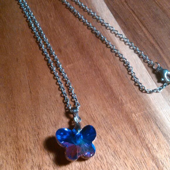 Magic Color Crystal Butterfly Brass Pendant Stainless Steel Necklace - Picture 5 of 16